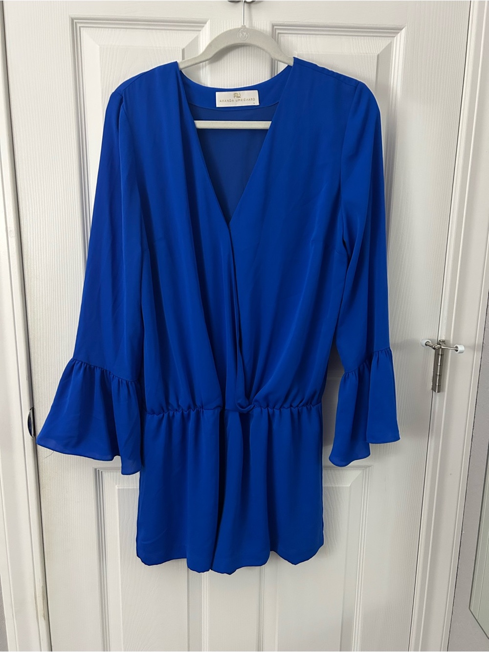 Amanda Uprichard Cobalt Blue V-Neck Long Sleeve Romper with Bell Cuffs
